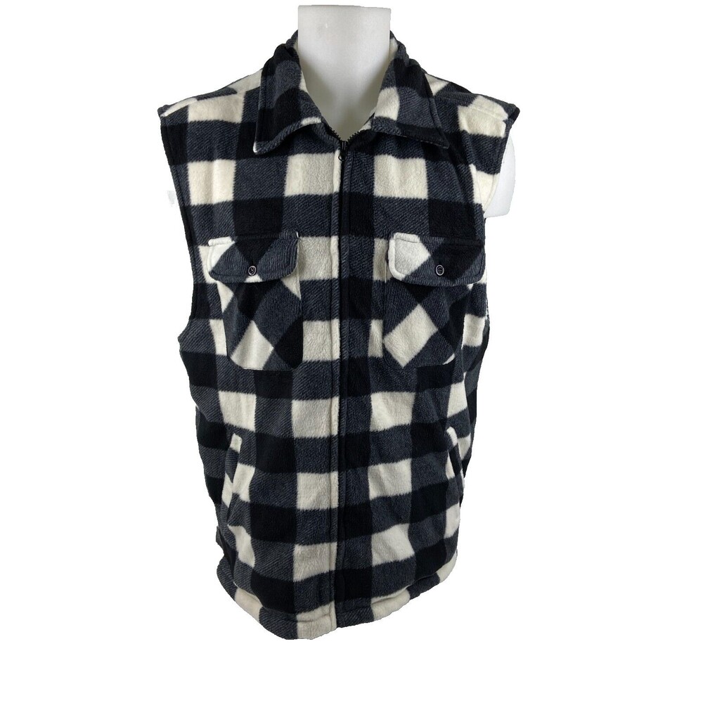 Trail Crest Men Large Vest Jacket Black White Plaid Check Sherpa Lined